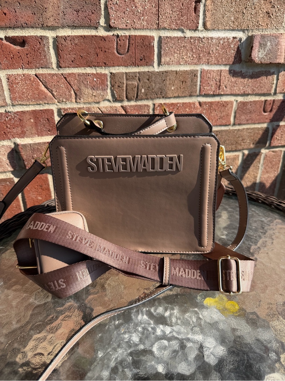Steve Madden Bevelyn Crossbody Bag in Mushroom Taupe shade with Logo Strap